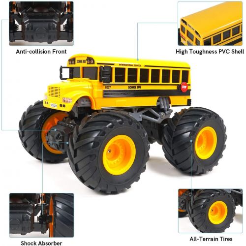  WOWRC Remote Control Fire Truck RC School Bus with Sounds Lights Rechargeable 2.4GHz Monster Trucks Toy for Kids, Boys, Toddlers (Yellow)