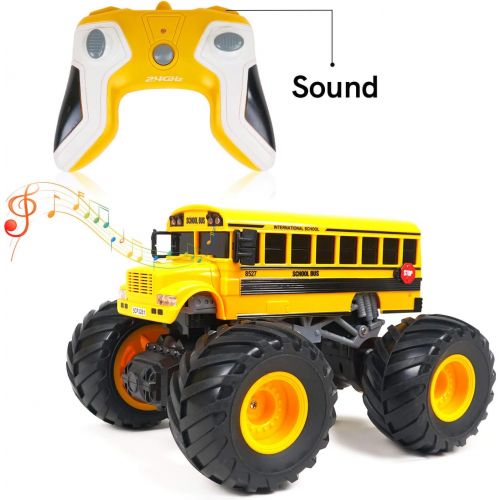  WOWRC Remote Control Fire Truck RC School Bus with Sounds Lights Rechargeable 2.4GHz Monster Trucks Toy for Kids, Boys, Toddlers (Yellow)