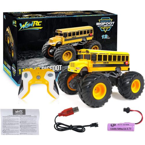  WOWRC Remote Control Fire Truck RC School Bus with Sounds Lights Rechargeable 2.4GHz Monster Trucks Toy for Kids, Boys, Toddlers (Yellow)