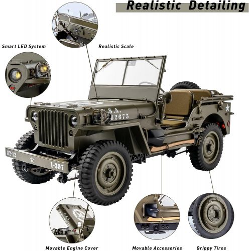  WOWRC RocHobby 1/12 1941 MB Scaler RC Jeep, 4x4 Hobby Grade RTR RC Car Mini RC Rock Crawler Military, 2.4Ghz RC Truck with 180 Brushed Motor, LED Lights, Battery and USB Charger for Adul