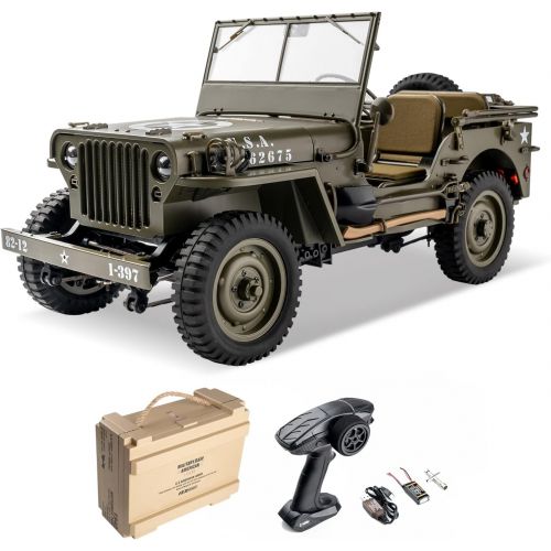  WOWRC RocHobby 1/12 1941 MB Scaler RC Jeep, 4x4 Hobby Grade RTR RC Car Mini RC Rock Crawler Military, 2.4Ghz RC Truck with 180 Brushed Motor, LED Lights, Battery and USB Charger for Adul