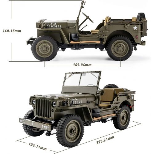  WOWRC RocHobby 1/12 1941 MB Scaler RC Jeep, 4x4 Hobby Grade RTR RC Car Mini RC Rock Crawler Military, 2.4Ghz RC Truck with 180 Brushed Motor, LED Lights, Battery and USB Charger for Adul