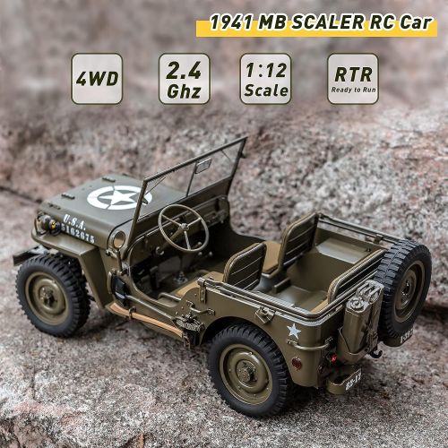  WOWRC RocHobby 1/12 1941 MB Scaler RC Jeep, 4x4 Hobby Grade RTR RC Car Mini RC Rock Crawler Military, 2.4Ghz RC Truck with 180 Brushed Motor, LED Lights, Battery and USB Charger for Adul