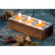 WOWSTUFFS Blue candle holder Tealight candle centerpieces Wooden candle holder Home interior candle Country living decor Rustic lighting Country decor