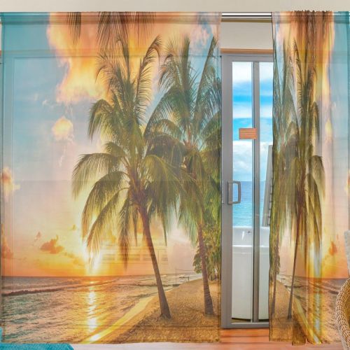  WOZO Summer Tropical Palm Tree Window Sheer Curtain Panels 55x 84, 2-Piece Sea Beach Sunset Modern Window Treatment Panel for Children Kids Home Living Dining Room Playroom Decorat