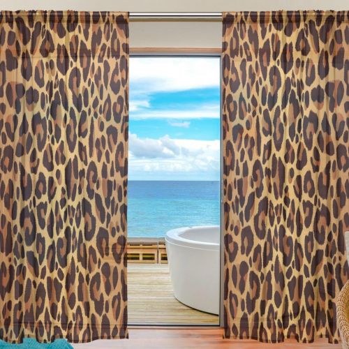  WOZO Bright Leopard Print Window Sheer Curtain Panels 55x 84, 2-Piece Glitter Animal Fur Modern Window Treatment Panel for Children Kids Home Living Dining Room Decoration