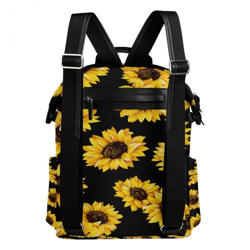  WOZO Yellow Sunflower Black Polyester Backpack Purse School Travel Bag