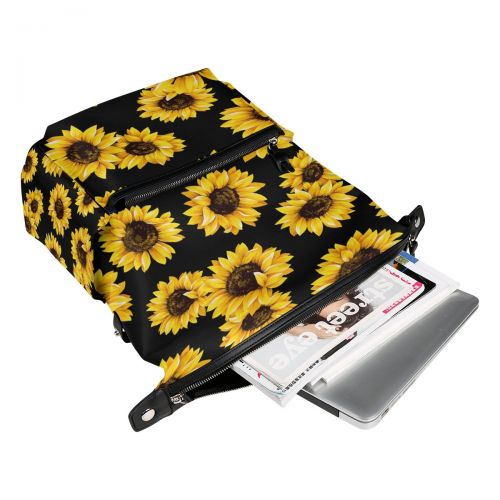  WOZO Yellow Sunflower Black Polyester Backpack Purse School Travel Bag