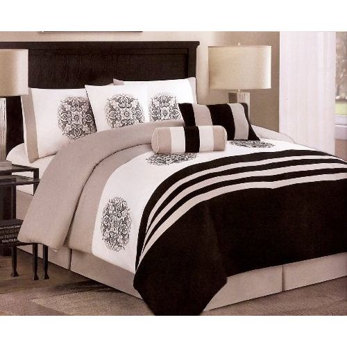  WPM 7-pieces Embroided Medallion Comforter Set King, BlackTaupeWhite