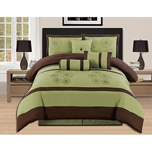  WPM 7 Pieces Luxury Embroidery King Sage Brown Comforter Set Bed-in-a-bag (Oversize) Bedding-hs16