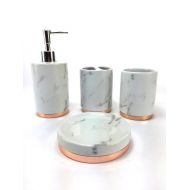 WPM 4 Piece Bathroom Accessory Set. Marble look with rose gold trim French Provincial Bath Gift Set includes liquid soaplotion dispenser, toothbrush holder, tumbler, and soap dish