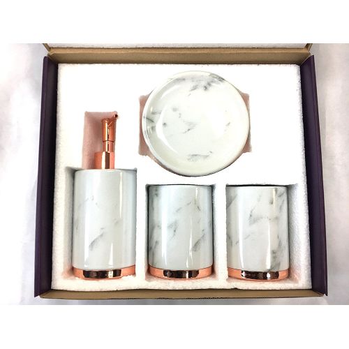  WPM 4 Piece Bathroom Accessory Set. Marble look with rose gold trim French Provincial Bath Gift Set includes liquid soaplotion dispenser, toothbrush holder, tumbler, and soap dish