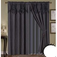 WPM Luxury Embroidered Curtain Set. 4 Piece Black Drapes with Backing & Valance & Tie Backs