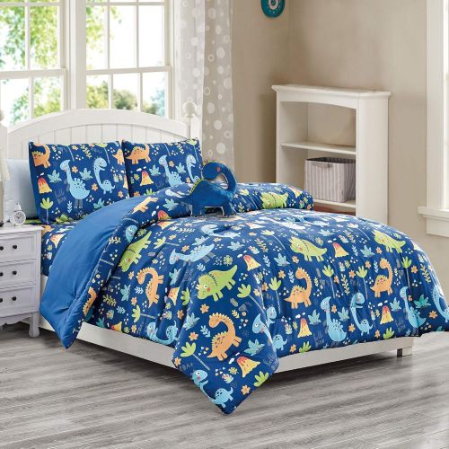  WPM WORLD PRODUCTS MART WPM Kids Collection Bedding 4 Piece Blue Dinosaur Multi Color Twin Size Childrens Comforter Set Sheet Pillow sham Dinosaurs Toy Fun Wild Park Jungle Print Design (Dinosaur Blue, Tw