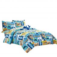 WPM WORLD PRODUCTS MART WPM Kids Collection Bedding 4 Piece Blue Ocean Life Twin Size Comforter Set with Sheet Pillow sham and Whale Toy Fun Sun Water surf Design (Ocean Life Whale, Twin Comforter)