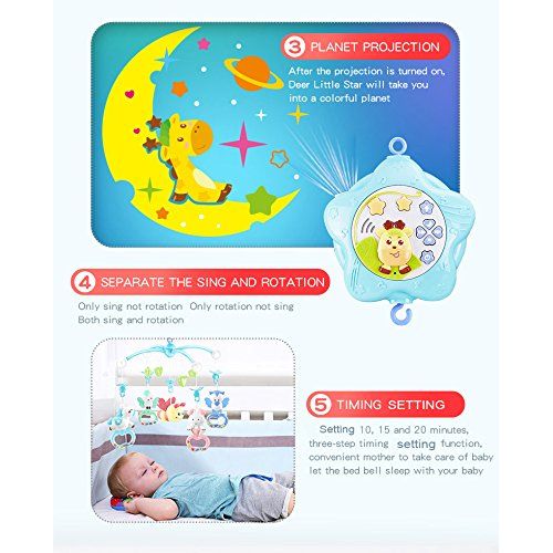  WSD&Co Baby Mobile for Crib, Crib Toys with Music and Lights, Remote, Stand, Holder, Carrier, lamp, Projector for Pack and Play. Crib Mobile for boy Kid kit, Materials:ABS+Plastic(Blue-Fo