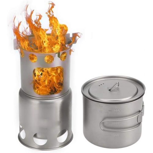  WSSBK Titanium Camping Cookware Set Outdoor Wood Stove Outdoor Pot Folding Backpacking Camping Stove with 1100ml Pot Camping Tableware