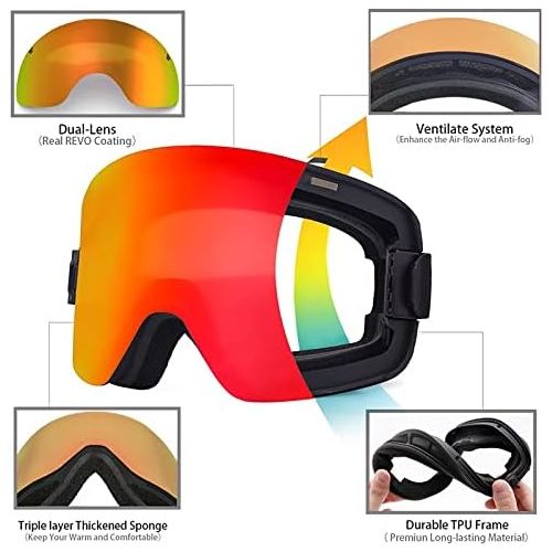  WSSBK Ski Goggles Double Layers Anti-Fog Ski Mask Glasses Skiing Men Women Snow Snowboard Goggles (Color : Red, Size : One Size)