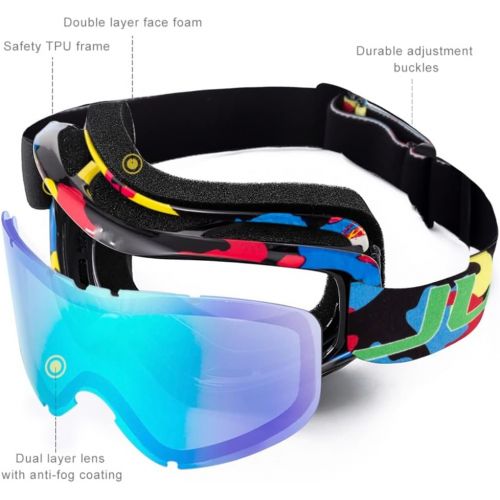  WSSBK Childrens Ski Goggles Professional Skiing Goggles Double Layers Lens Anti-Fog Snow Goggle Fits Over Glasses (Color : Blue, Size : One Size)