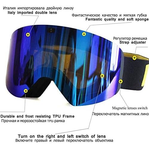  WSSBK Ski Goggles with Magnetic Double Layer Polarized Lens Skiing Anti-Fog UV400 Snowboard Goggles Men Women Ski Glasses Eyewear (Color : D)