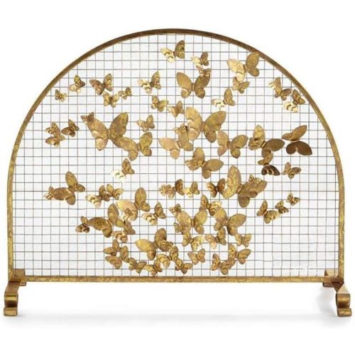  WSYTY Fireplace Screens Fire Spark Guard Wrought Iron Fireplace Screen, Large Flat Guard Metal Decor Mesh Cover, Safe Firewood Burning Stove Accessories, Gold