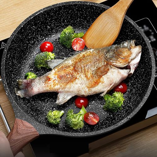  WSYYDS Steak Frying Pan Non Stick Pan Round with Wood Grain Handle, Suitable Gas Stove, for Kitchen Make Pancakes Burgers