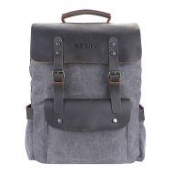 WUDON Leather Laptop Backpack for 15.6 inch, Men Casual Canvas School Rucksack (Dark Grey)