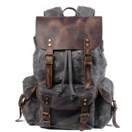 Waxed Canvas Backpack for Men - WUDON Large Leather School Bag Travel Backpack (Grey)