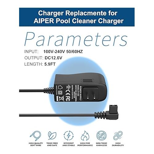  WUKUR Charger for AIPER Seagull 600 SE 1000 1500 P1111 Pilot H1 for AIPURY 1500 Cordless Pool Vacuum Cleaner AC Adapter with 5.9FT Power Cord for HJ1103J HJ1102(UL Listed)