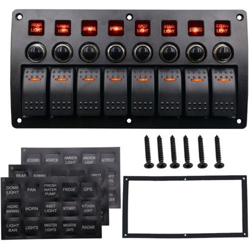  WUPP Boat Car Marine Rocker Switch Panel 8 Gang 3PIN & Circuit Breaker Overload Protection Waterproof LED Switch Panel DC1224V ON-Off Aluminium Switches