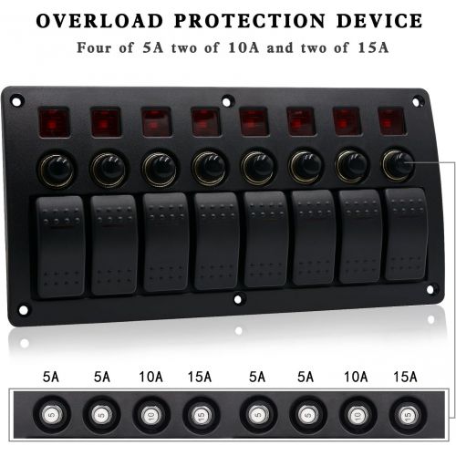 WUPP Boat Car Marine Rocker Switch Panel 8 Gang 3PIN & Circuit Breaker Overload Protection Waterproof LED Switch Panel DC1224V ON-Off Aluminium Switches
