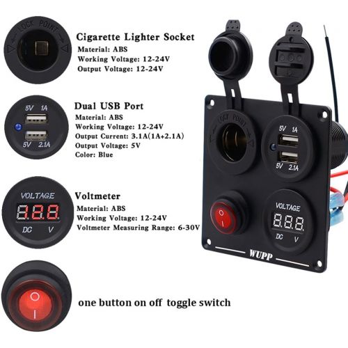  WUPP Boat Marine Rocker Switch Panel 3 4 Gang Waterproof ON Off Toggle Switches with 3.1A Double USB Power Charger 12V Cigarette Lighter Socket for Car Truck Jeep