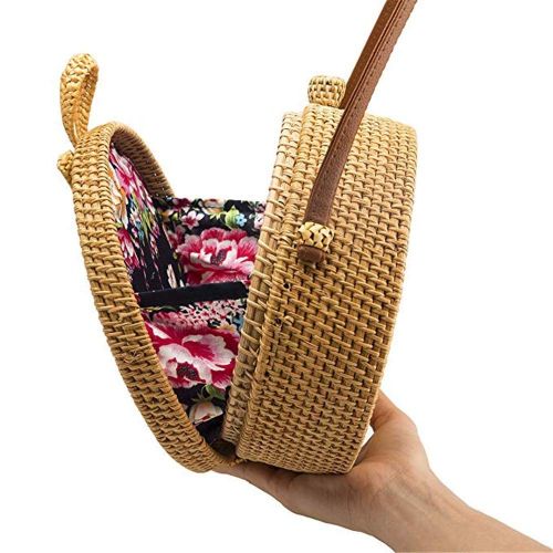  WUSHIYU Womens Messenger Bag Womens Handwoven Round Straw Rattan Bamboo Weave Shoulder PU Leather Straps Beach Button Snap Closure Crossbody Handbag Bag Womens Shoulder Satchel Bag