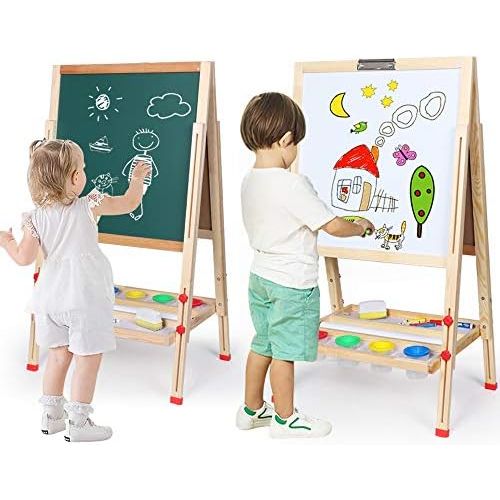  [아마존베스트]WonderView Kids Easel Double-Sided Magnetic Whiteboard & Chalkboard Multiple-Use Easel with Bonus Magnetics, Numbers, Paint Cups Best Gift for Kids Boys Girls