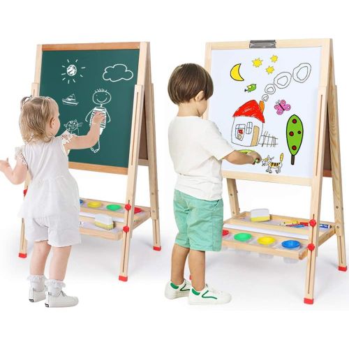  [아마존베스트]WonderView Kids Easel Double-Sided Magnetic Whiteboard & Chalkboard Multiple-Use Easel with Bonus Magnetics, Numbers, Paint Cups Best Gift for Kids Boys Girls