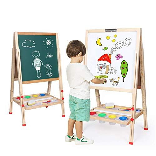  WV WONDER VIEW Kids Art Easel,Whiteboard and Chalkboard Easel for Kids, 0.8 Inch Thick Wood Frame and Adjustable Height, All Accessories Include