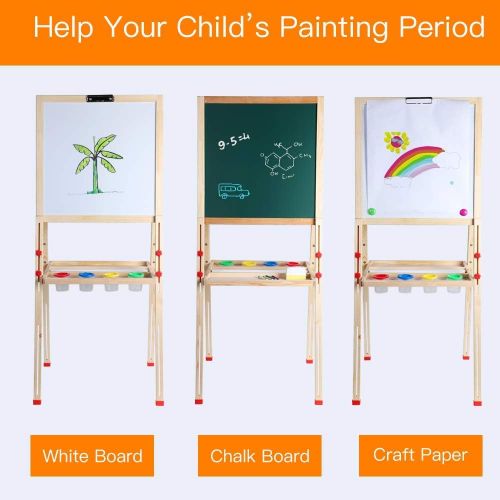  WV WONDER VIEW Kids Art Easel,Whiteboard and Chalkboard Easel for Kids, 0.8 Inch Thick Wood Frame and Adjustable Height, All Accessories Include