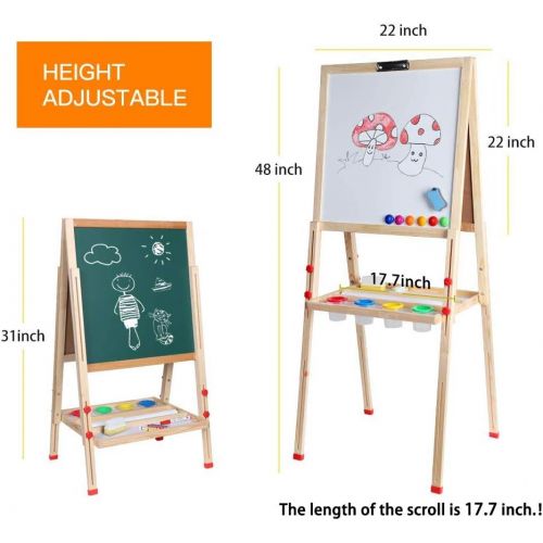 WV WONDER VIEW Kids Art Easel,Whiteboard and Chalkboard Easel for Kids, 0.8 Inch Thick Wood Frame and Adjustable Height, All Accessories Include