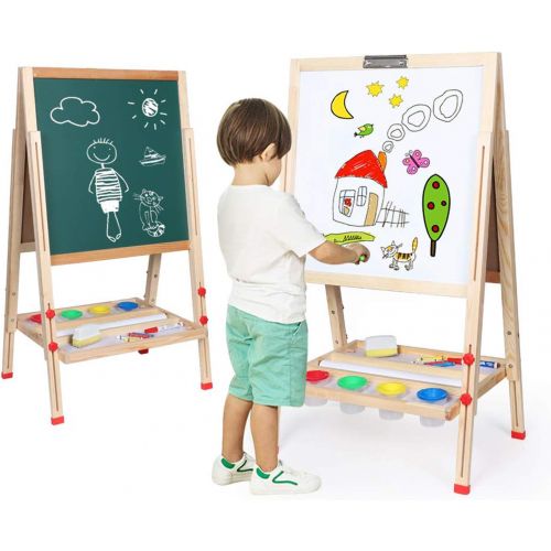  [아마존베스트]WV WONDER VIEW Kids Easel Double-Sided Magnetic Whiteboard & Chalkboard Multiple-Use Easel with Bonus Magnetics, Numbers, Paint Cups Best Gift for Kids Boys Girls…