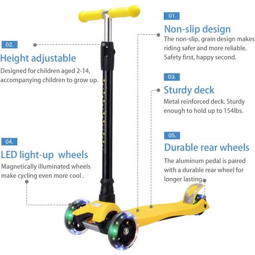  WonderView Kick Scooter for Kids 3 Wheel Scooter,4 Height Adjustable PU Wheels with Extra Wide Deck Best Gifts for Kids, Boys and Girls