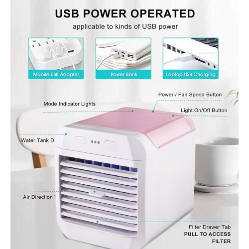  WWLUCKY Portable Air Conditioner, Personal Cooler, Rechargeable Evaporative Conditioner Fan with 3 Speeds 7 Colors, Quiet USB Cooling Anion for Bedroom, Office, Dorm, Car, Camping