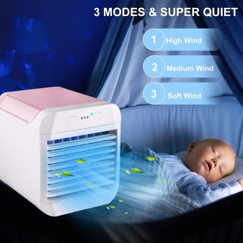  WWLUCKY Portable Air Conditioner, Personal Cooler, Rechargeable Evaporative Conditioner Fan with 3 Speeds 7 Colors, Quiet USB Cooling Anion for Bedroom, Office, Dorm, Car, Camping