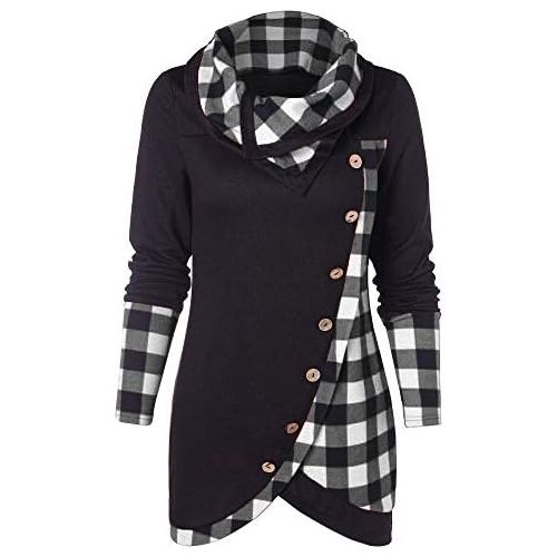  WWricotta Blouse Women Long Sleeve Plaid Turtleneck Tartan Tunic Sweatshirt Pullover Tops(,)