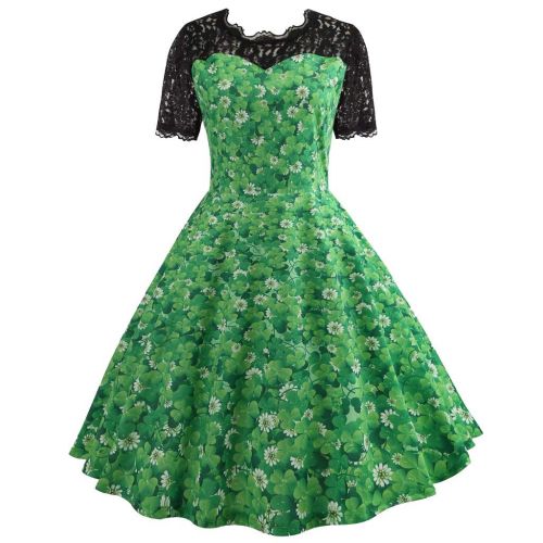  WWricotta St Patricks Day Lace Short Sleeve Evening Party Prom Swing Dress