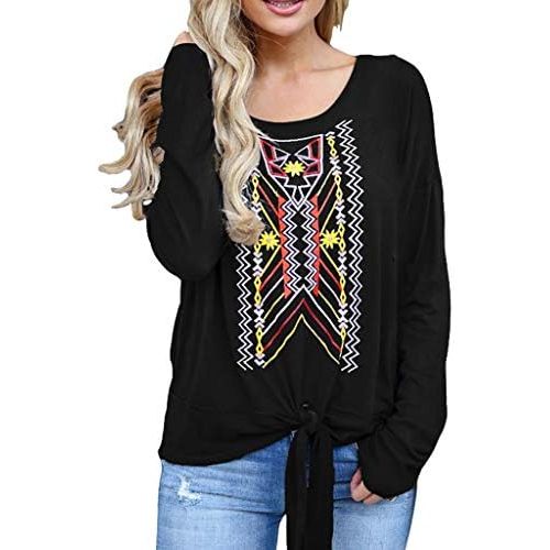  WWricotta Fashion Women Long Sleeve Geometric Print Blouse Pullover Bandage Tops T-Shirt