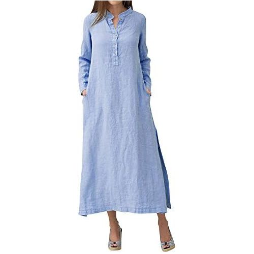  WWricotta Womens Kaftan Cotton Long Sleeve Plain Casaul Oversized Maxi Long Shirt Dress