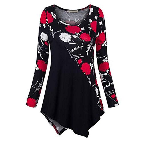  WWricotta Women Plus Size Long Sleeve Print O-Neck Button Pullover Tops Shirt