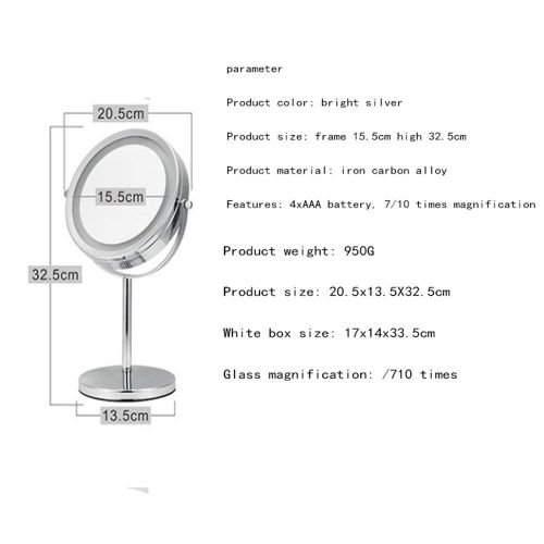  WXF 7-10x Magnified Lighted Makeup Mirror Naked Mirror Double Sided Round Magnifying Vanity Mirror Dressing Mirror Table(with On/Off Button, 7-10X) (Edition : Reverse 7 Times)