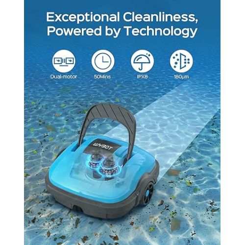  WYBOT Osprey 200 Cordless Robotic Pool Cleaner, Automatic Pool Vacuum, IPX8 Waterproof, Powerful Suction, Dual-Motor, 180μm Fine Filter for above Pool Blue