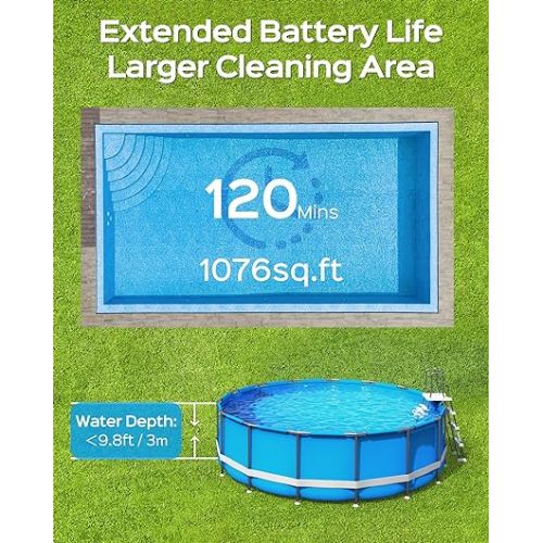  (2024 New) WYBOT A1 Cordless Pool Vacuum, Robotic Automatic Pool Cleaner with 120 Mins, Double Filters, LED Indicator, Fast Charging, Ideal for Above Ground Flat Pools - BlueWhite